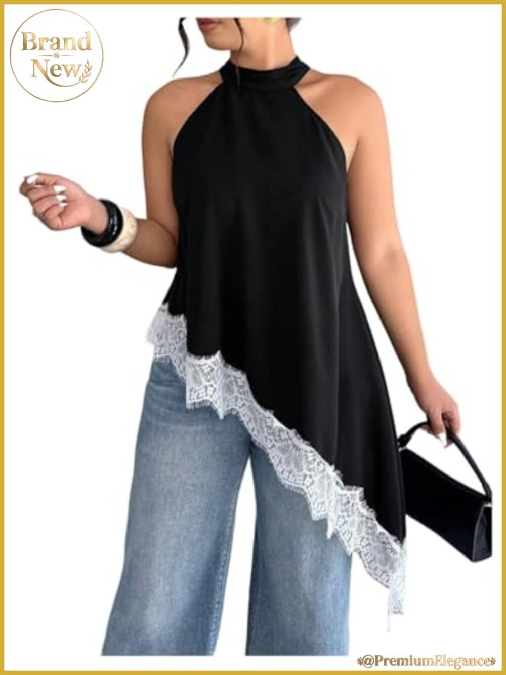 Plus Size Satin Halter Top - Asymmetrical Mock Neck Lace Trim Going Out Blouse